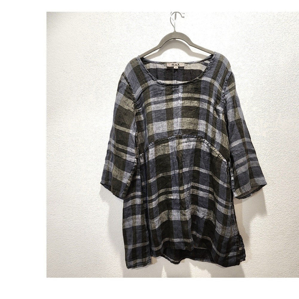 FLAX Linen Plaid Tunic Top M Made in Lithuania Blue Green Check‎